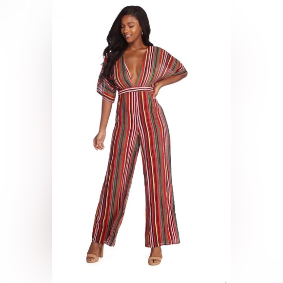 Windsor Pants - Windsor Red Multi V-Neck Striped Wide-Leg Jumpsuit